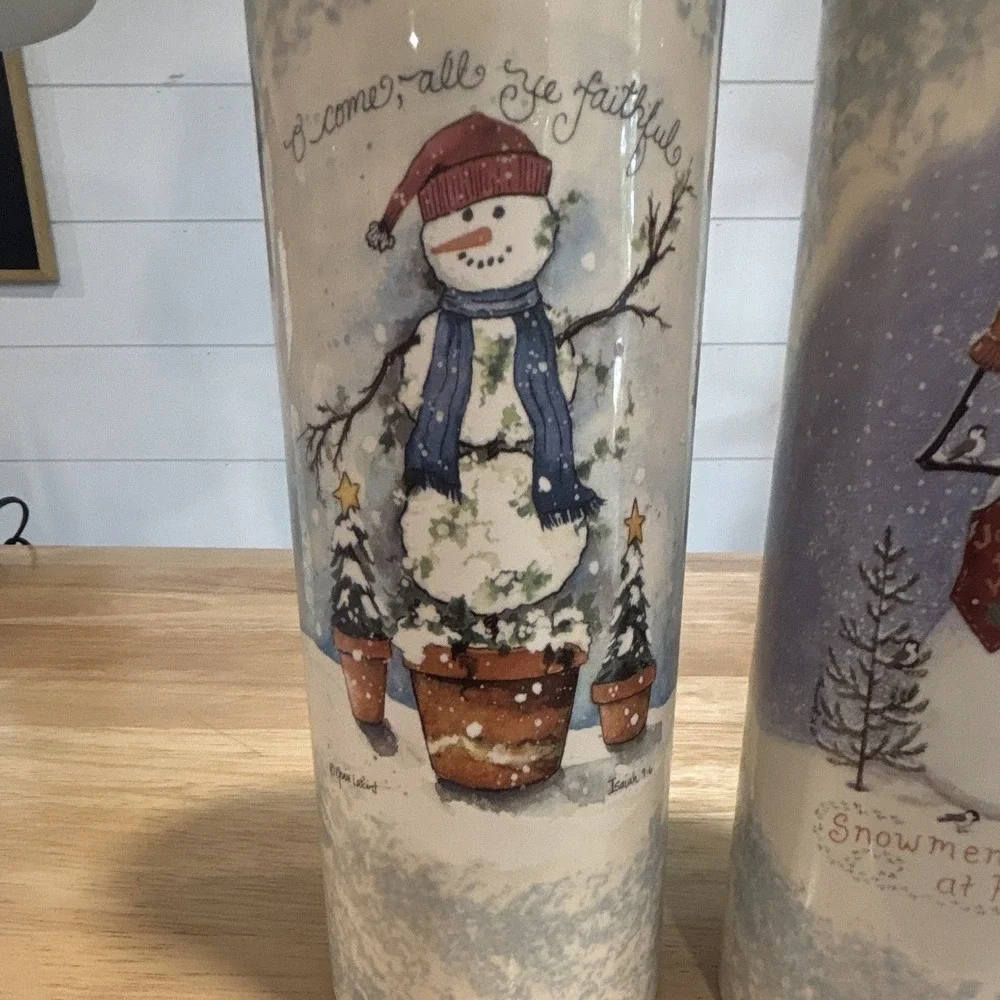 Pair of Cylindrical Snowman Themed Pillar Candle Holders